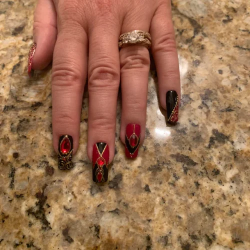 Royal Red and Black Press on Nails with Rhinestones and Laces photo review