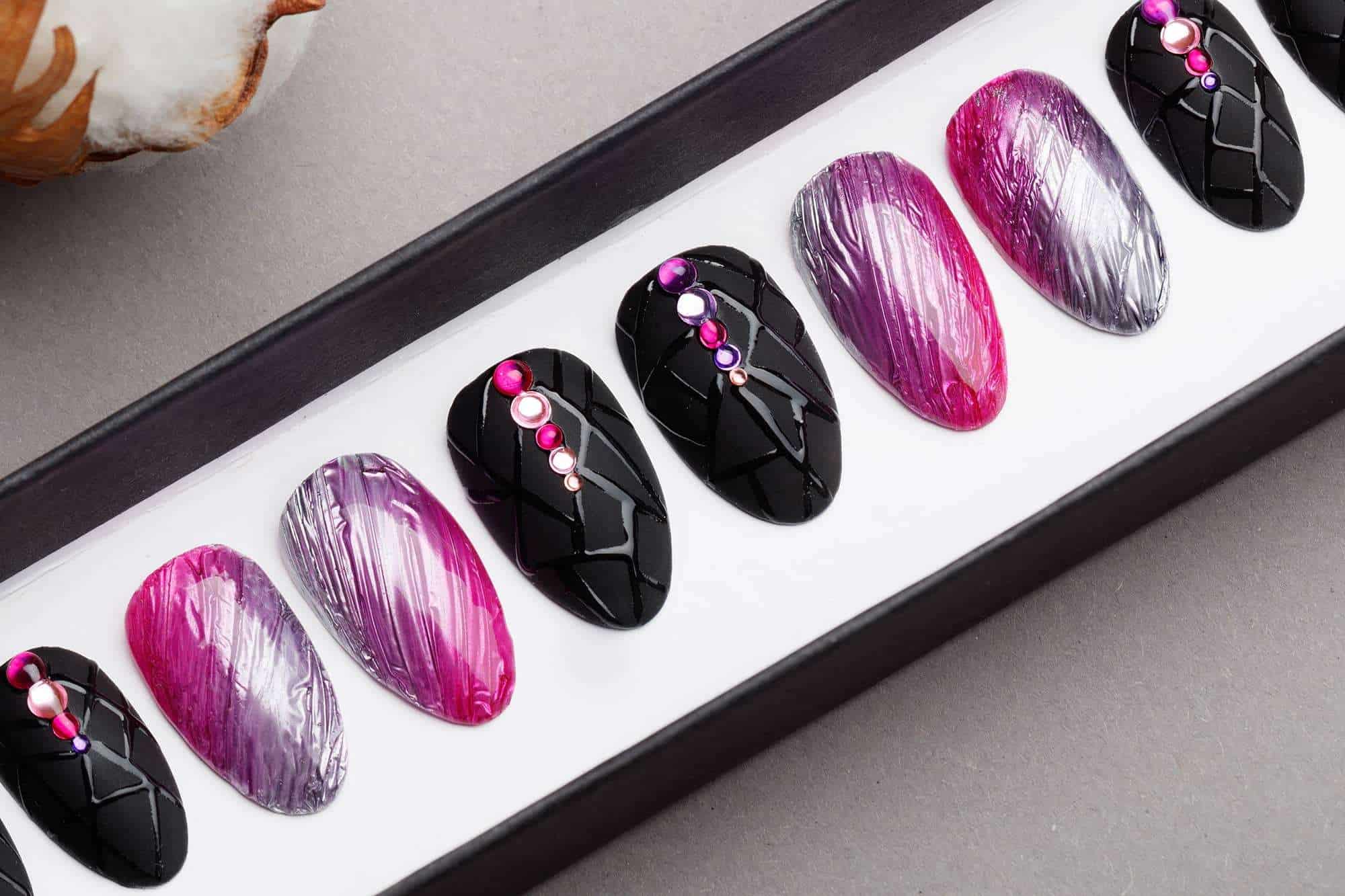 Amazing Texture Silver & Pink Press on Nails | Black Nails | Modern Nails | Hand painted Nail Art | Fake Nails | False Nails