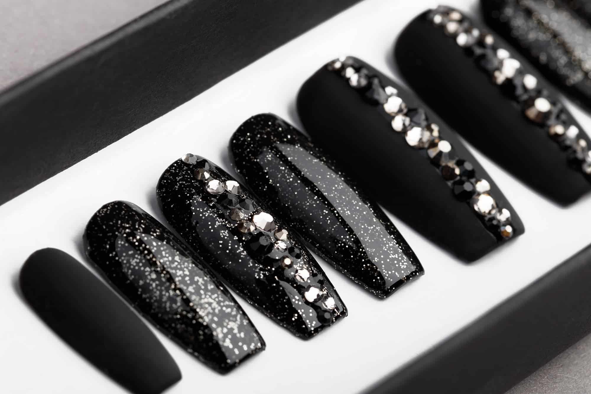 Black Abstract Press On Nails with Swarovski crystals | Hand painted Nail Art | Fake Nails | False Nails | Rhinestones
