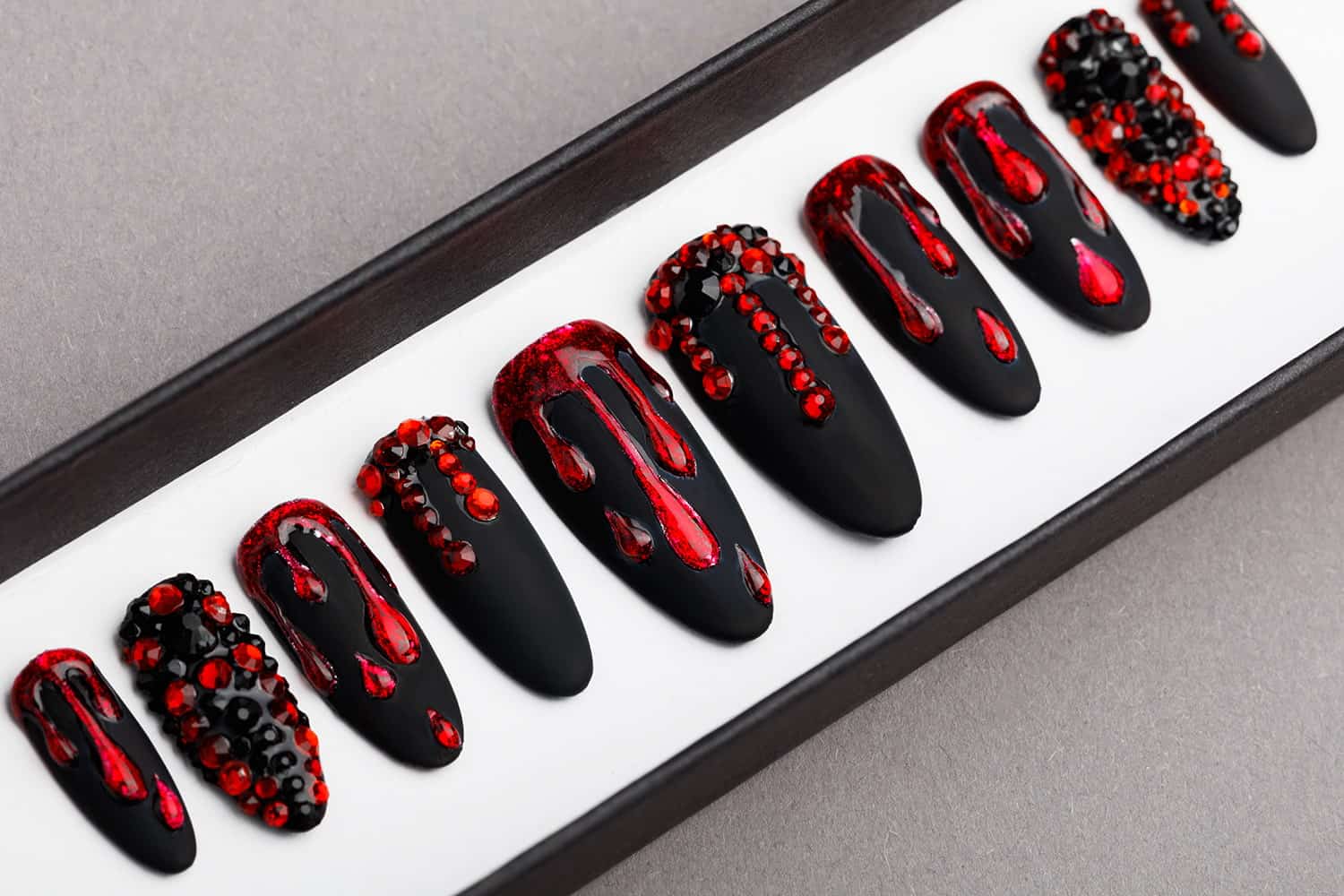 Black And Red Press on Nails with Swarovski Crystals | Gothic nails | Hand painted Nail Art | Fake Nails | False Nails
