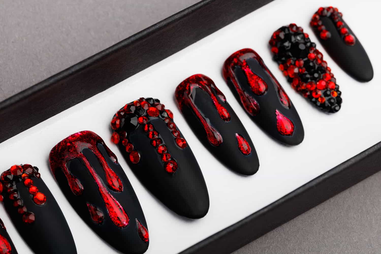 Black And Red Press on Nails with Rhinestones - Lilium Nails