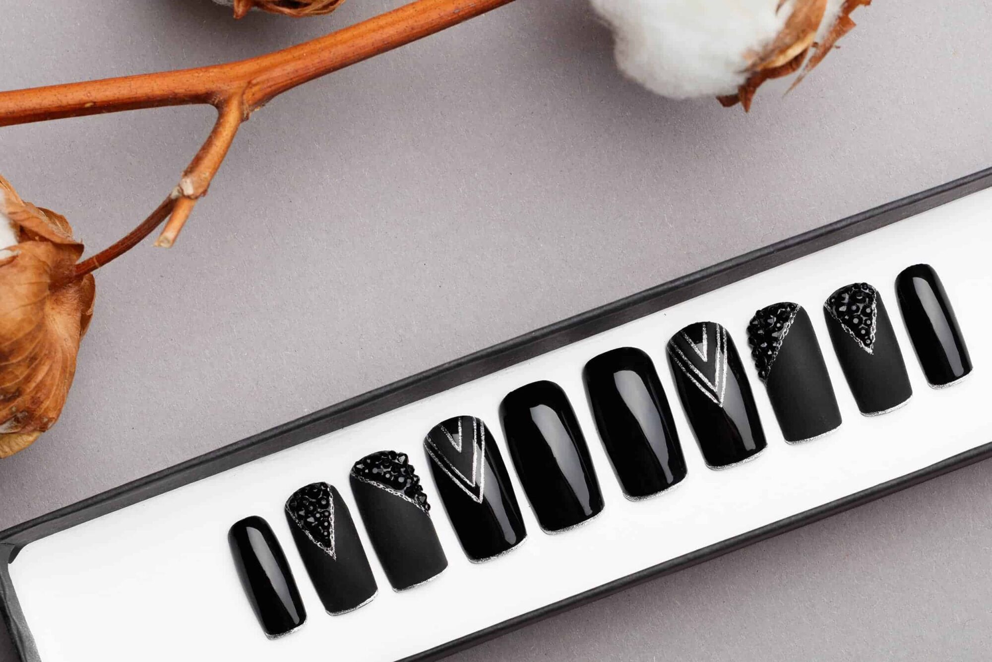 Black Luxury Press on Nails with Black Swarovski Crystals1