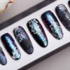 Black Press on Nails with Holo Space Dust | White tracery | Handpainted Nail Art | Fake Nails | False Nails