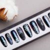 Black Press on Nails with Holo Space Dust | White tracery | Handpainted Nail Art | Fake Nails | False Nails