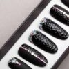 Black Textured Press on Nails with Swarovski Crystals