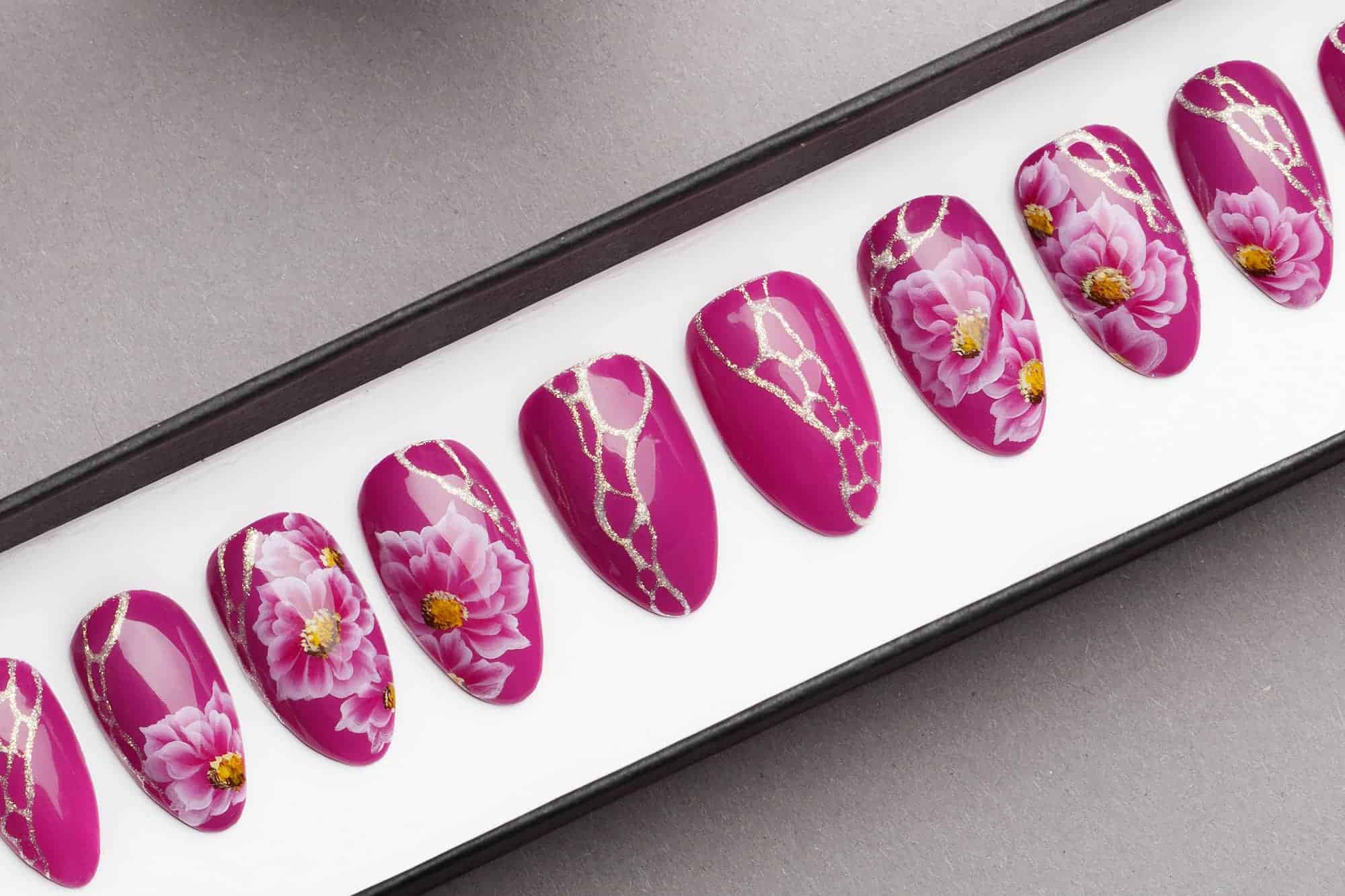 Crimson Press on Nails with One Stroke Flowers | GoldenTracery | Hand painted Nail Art | Fake Nails | False Nails | Celebrity Nails