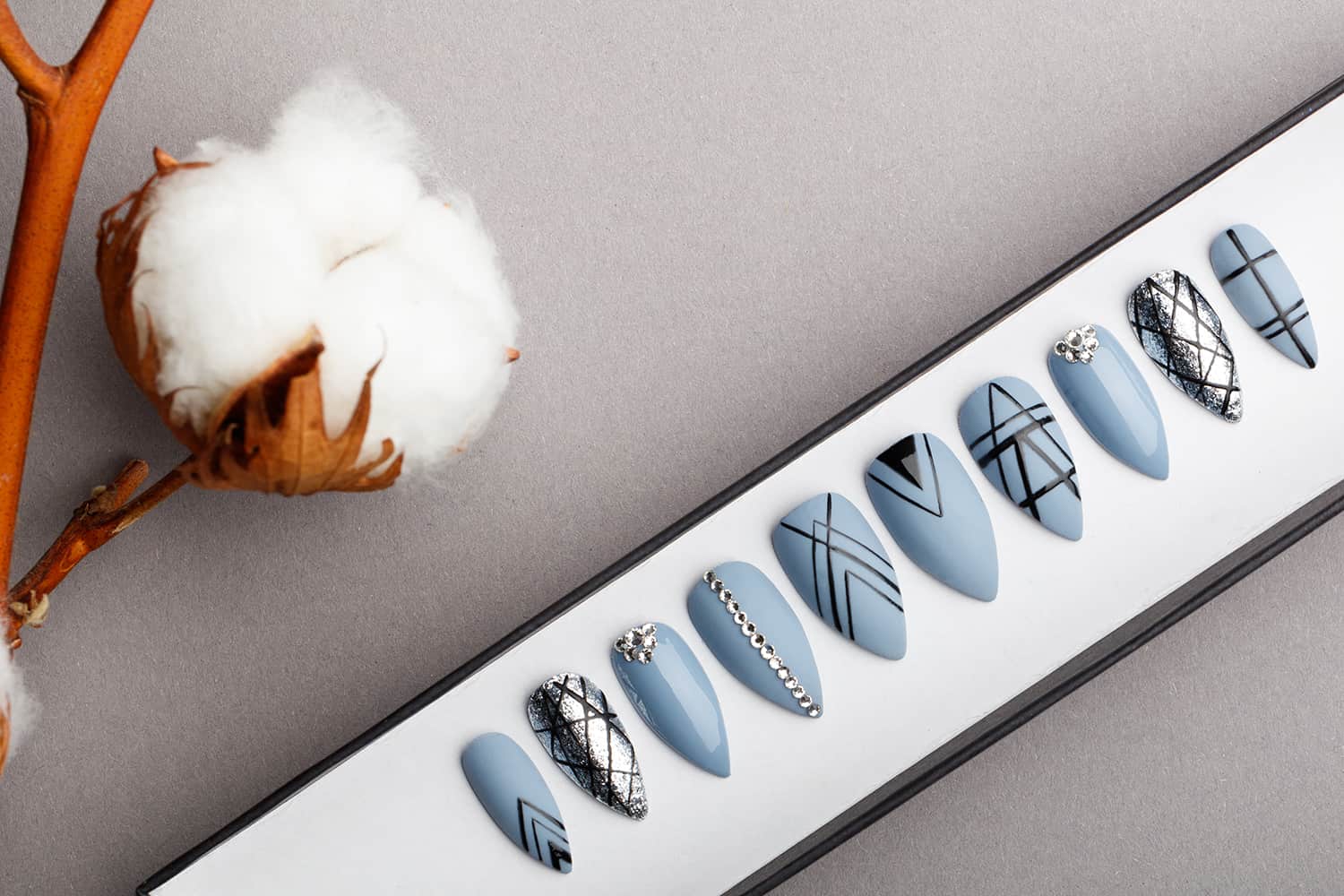 Gothic Geometry Press on Nails with Swarovski Crystals | Black Pattern | Hand painted Nail Art | Fake Nails | False Nails | Bling Nails