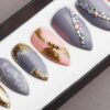 Gray & Pink Press on Nails with Swarovski crystals | Hand painted Nail Art | Fake Nails | False Nails | Artificial Nails | Glitters