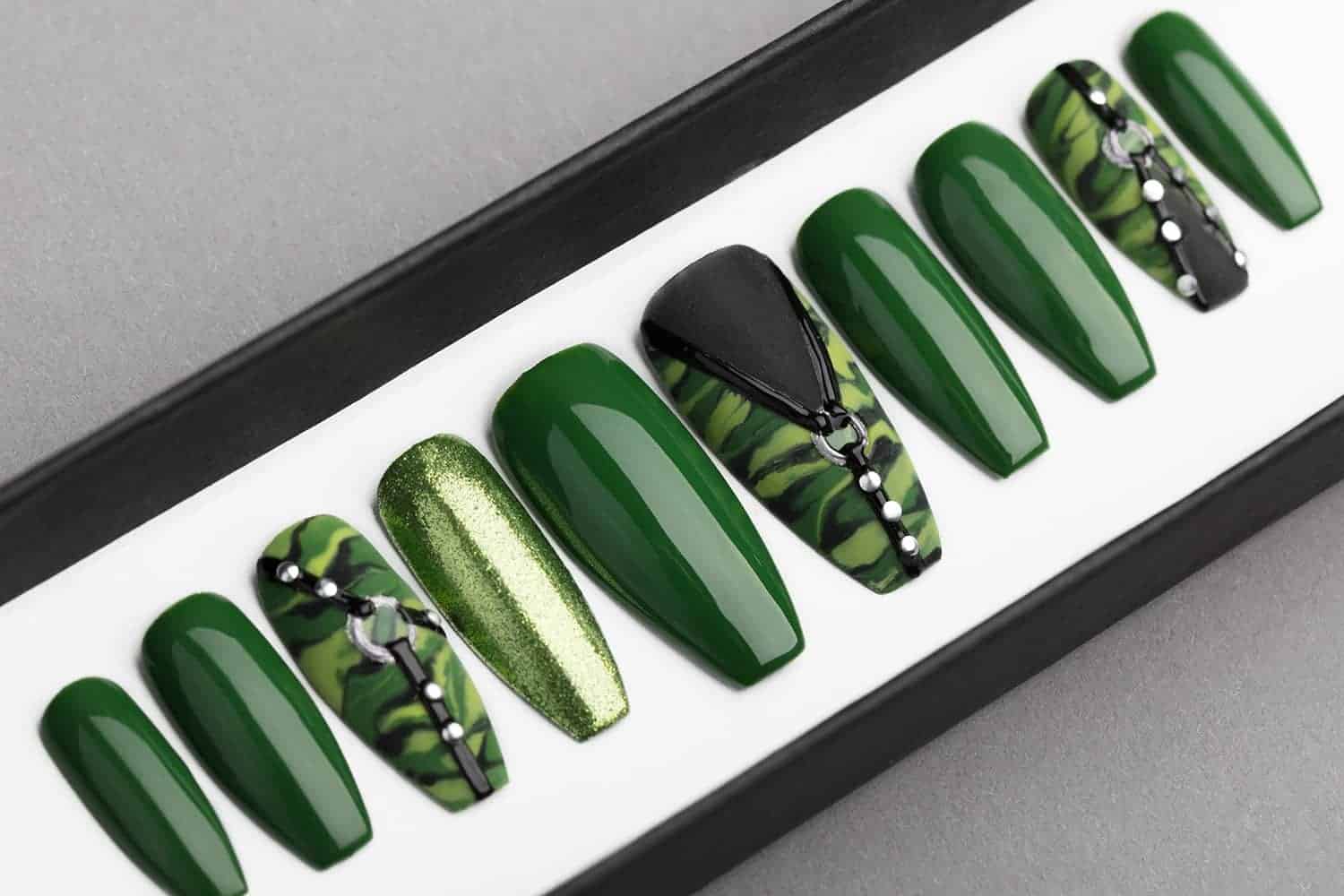 Green Camo Press on Nails | Hand painted Nail Art | Fake Nails | False Nails | Artificial Nails