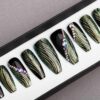 Green and Black Press on Nails with Swarovski | Fake Nails | False Nails | Golden tracery | Handpainted Nail Art | Glitters