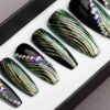 Green and Black Press on Nails with Swarovski | Fake Nails | False Nails | Golden tracery | Handpainted Nail Art | Glitters