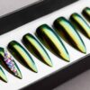Green and Golden Mirror Press on Nails | Nude Nails | Handpainted Nail Art | Fake Nails | False Nails | Unicorn Nails | Chrome nails