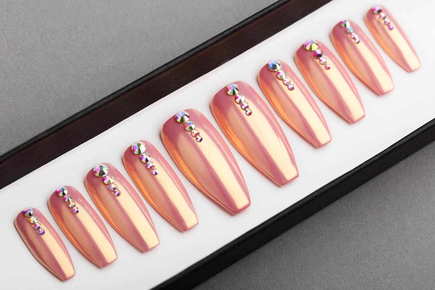 Nude Chrome Press on Nails with Swarovski crystals | Hand painted nail art | Fake Nails | False Nails | Bling Nails
