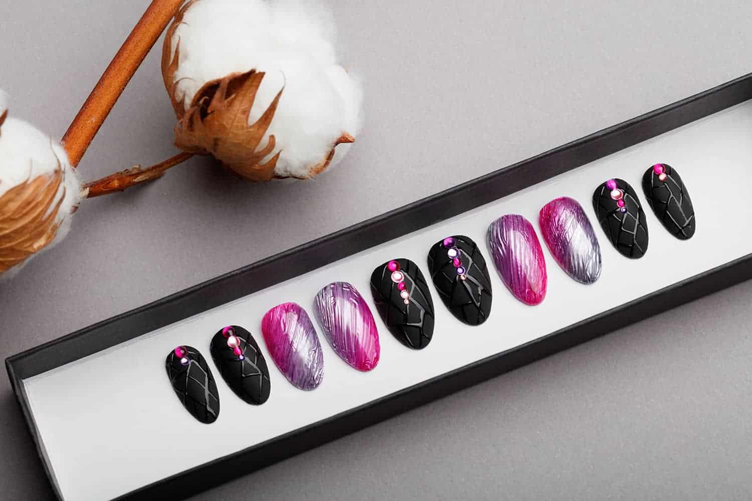 Amazing Texture Silver & Pink Press on Nails | Black Nails | Modern Nails | Hand painted Nail Art | Fake Nails | False Nails