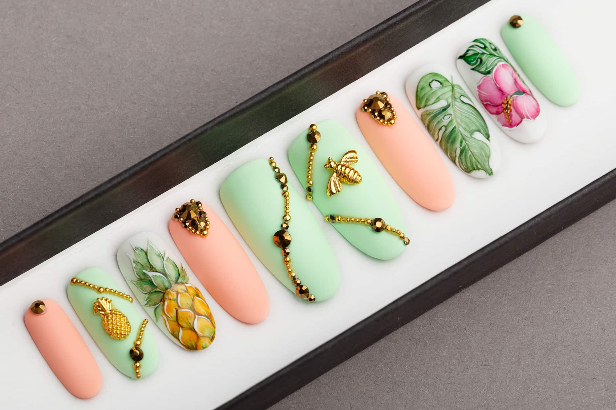Pineapple, Bee and Tropics Press on Nails with Swarovski Crystals | Fake Nails | False Nails | Glue On Nails | Disney | Hand painted