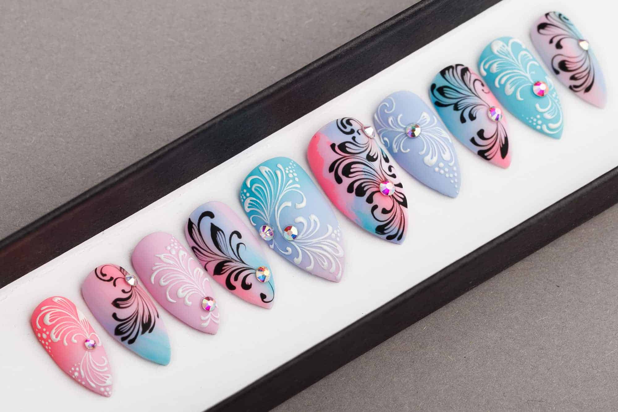 Summer Abstraction Press On Nails with Swarovski Crystals | Hand painted Nail Art | Fake Nails | False Nails | Artificial nails