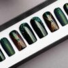 Green Cat Eye Press on Nails with Black Swarovski Crystals | Matte and Gloss | Hand painted Nail Art | Fake Nails | False Nails