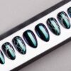 Green Holographic Mirror Press on Nails with Swarovski Crystals | Silver Tracery | Handpainted Nail Art | Fake Nails | False Nails