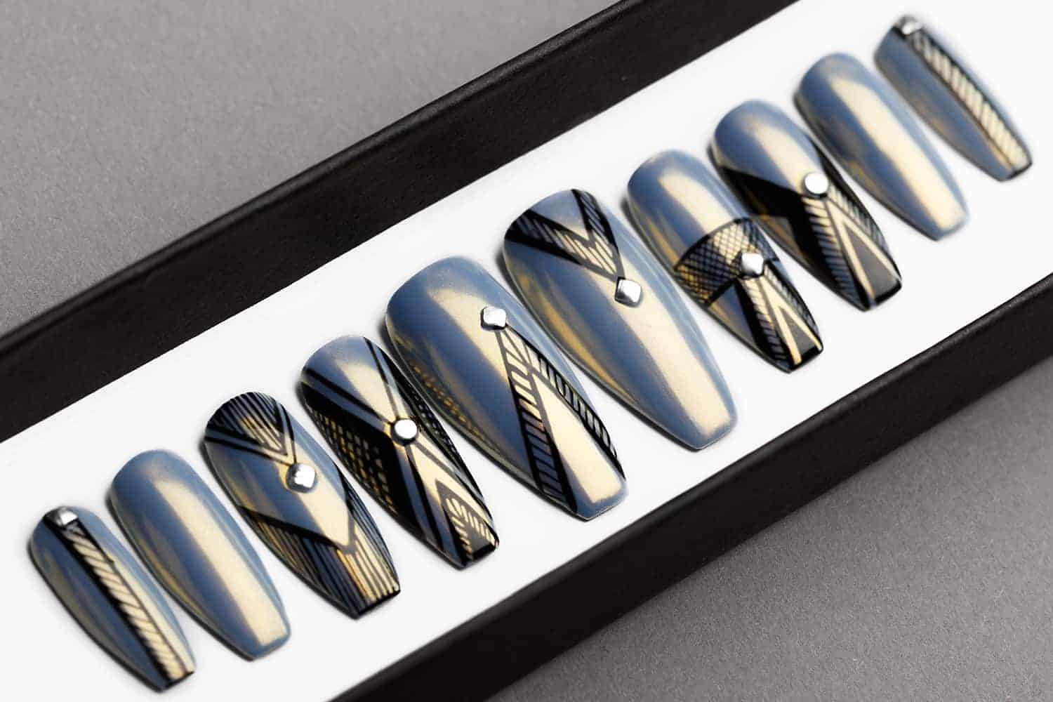 Grey Chrome Abstract Press On Nails | Chrome Prism Effect | Hand painted Nail Art | Fake Nails | False Nails