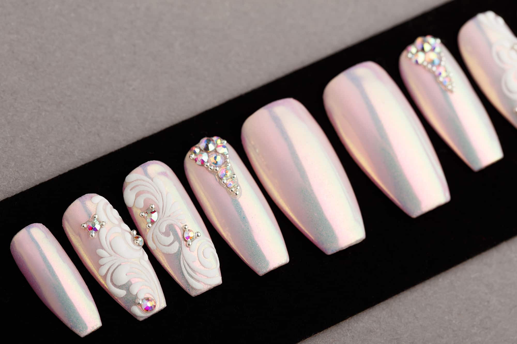 Pink Mirror Press on Nails with Swarovski crystals and Patterns
