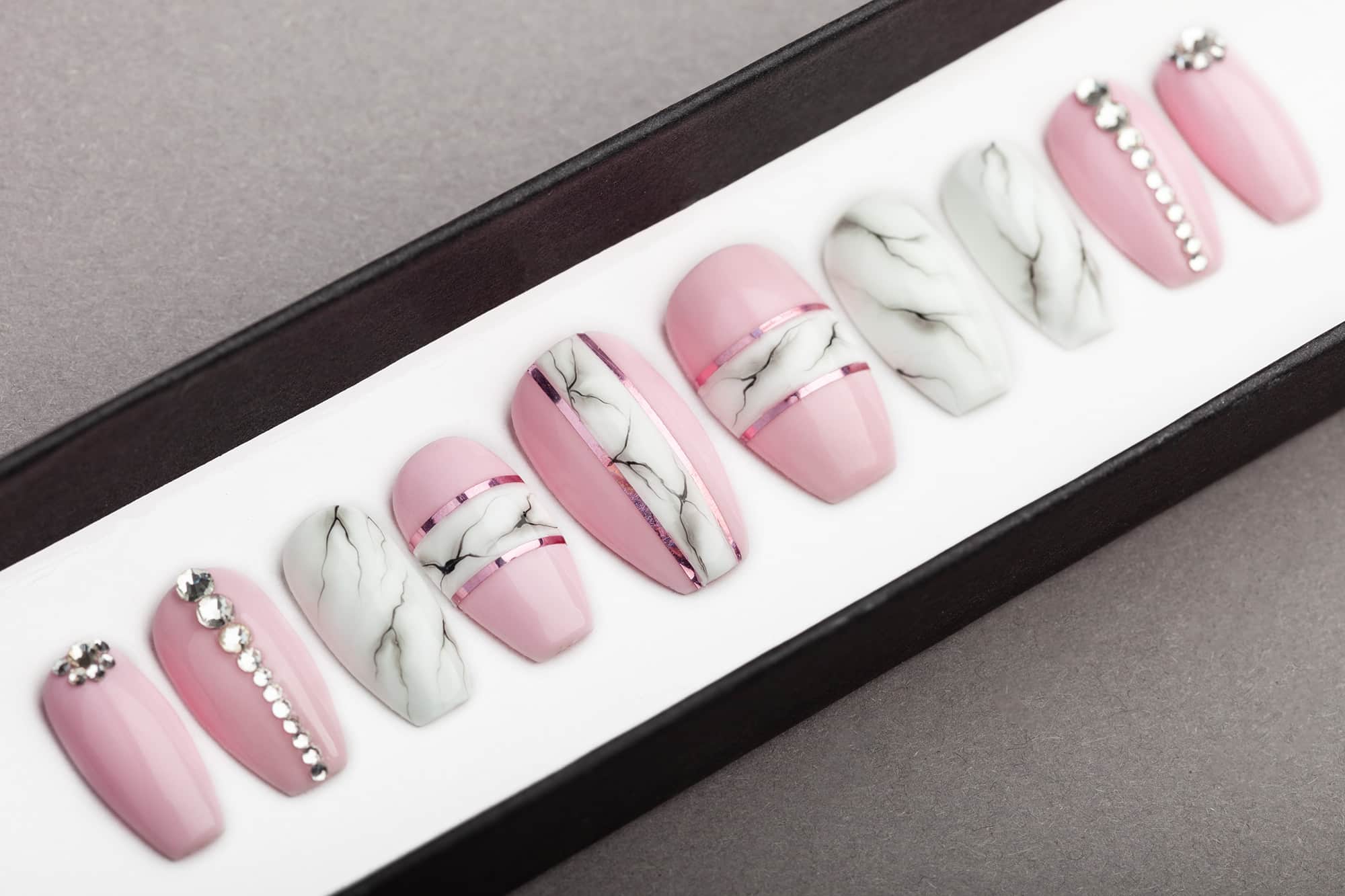 Pink and White Marble Press on Nails with Swarovski Crystals | Nail Art | Fake Nails | False Nails | Glue On Nails | Acrylic Nails