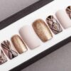 Mocha & Sand Gold Geometry Press on Nails | Hand painted Nail Art | Fake Nails | False Nails | Artificial Nails | Glitters | Glue on Nails