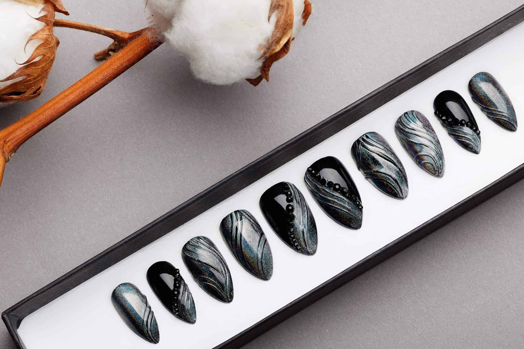 Modern Gothic Press On Nails with Black Swarovski Crystals | Chrome Prism Effect | Hand painted Nail Art | Fake Nails | False Nails