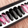 Glossy black press on nails with pink accent nails and geometry design