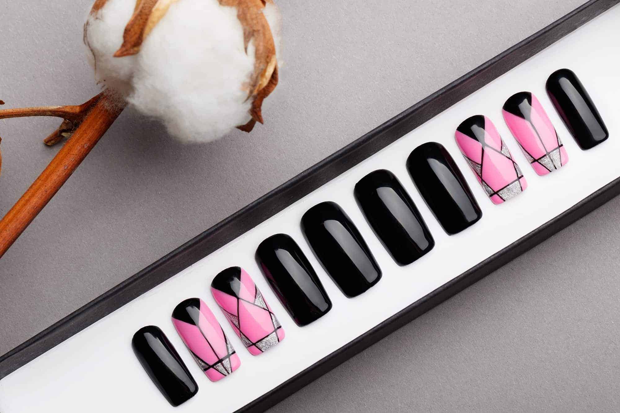 Pink & Black Ornament Press on Nails | Hand painted Nail Art | Fake Nails | False Nails