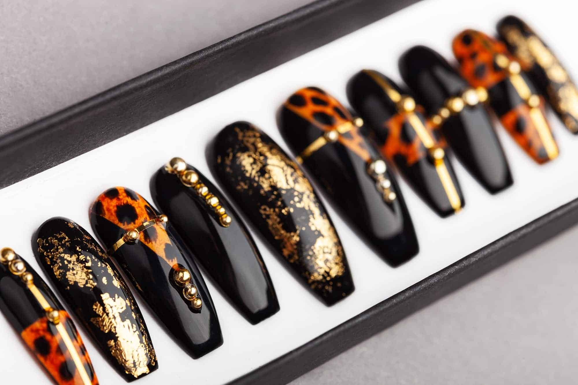 Leopard Press on Nails with Golden Foil | Hand-painted Nail Art | Fake Nails | False Nails | Glue On Nails