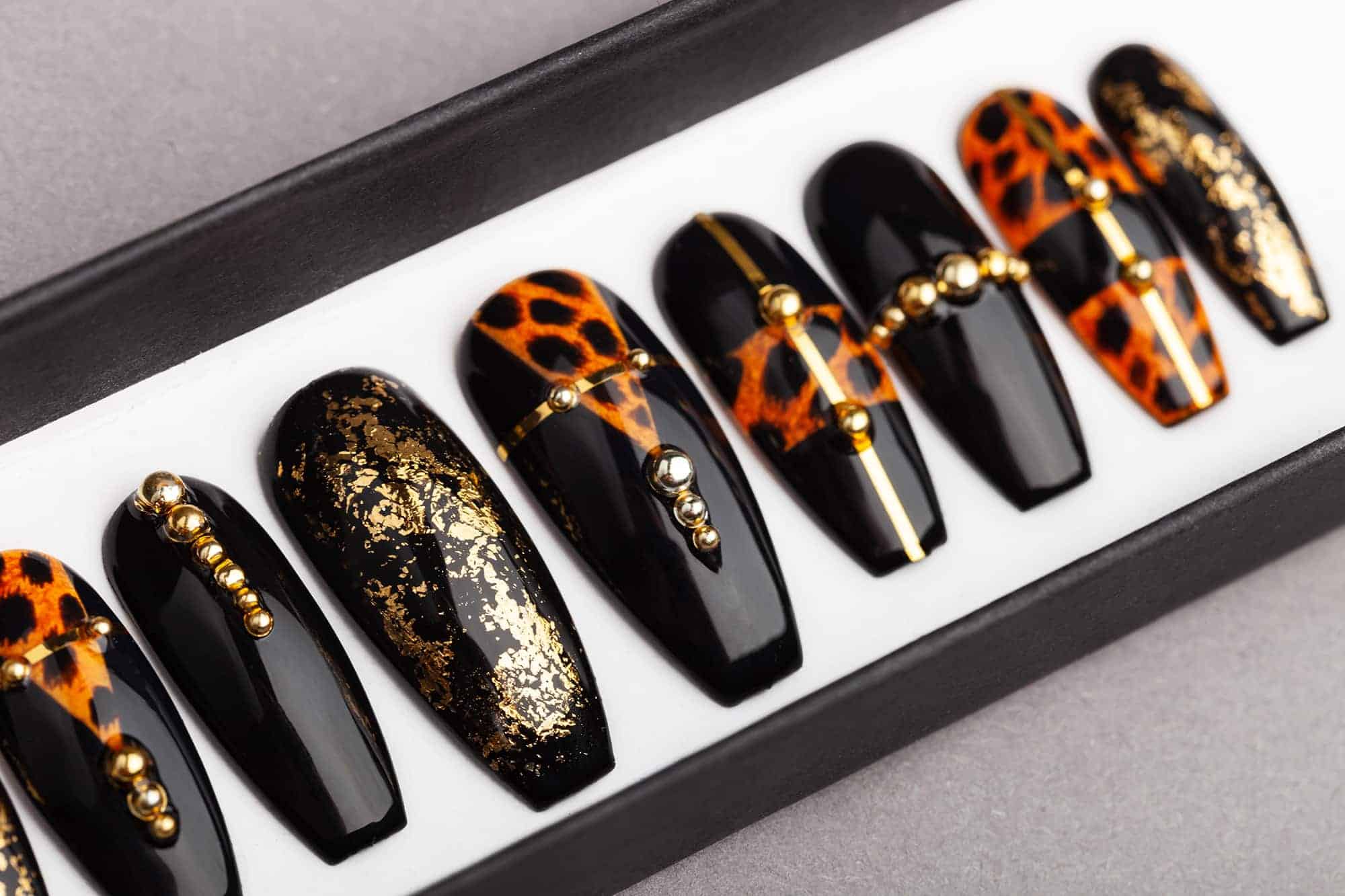 Leopard Press on Nails with Golden Foil | Hand-painted Nail Art | Fake Nails | False Nails | Glue On Nails
