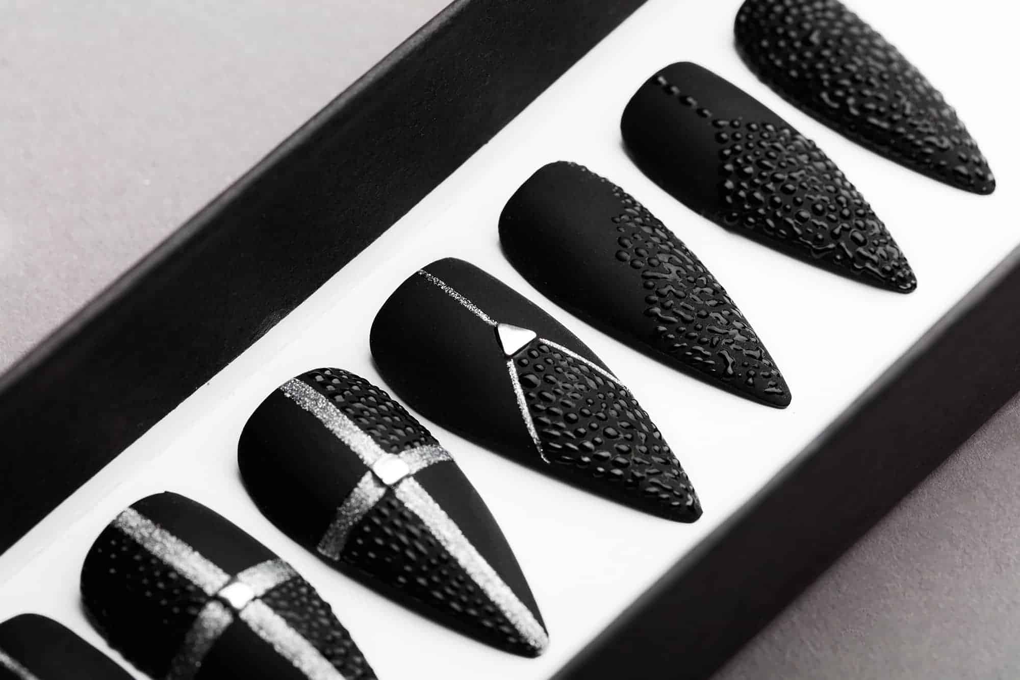 Black Drops Press on Nails | Black Nails | Handpainted Nail Art | Fake Nails | False Nails | Mattee Nails