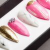 Pink Abstraction with Marble and Gold Press on Nails | Hand painted Nail Art | Fake Nails | False Nails | Artificial Nails | Glitters