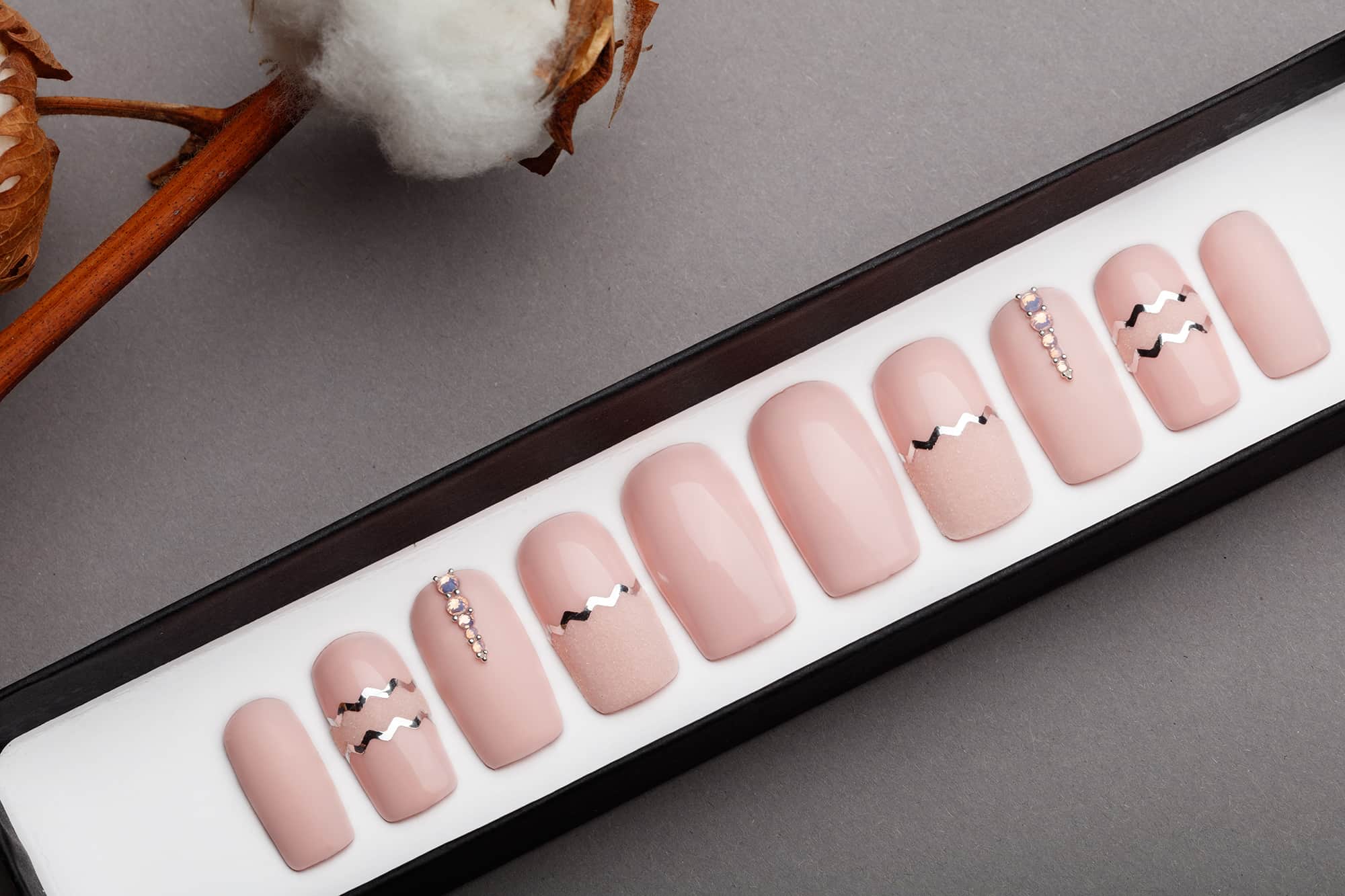 Pink Quartz Matte Press on Nails with Swarovski Crystals | Hand painted Nail Art | Fake Nails | False Nails