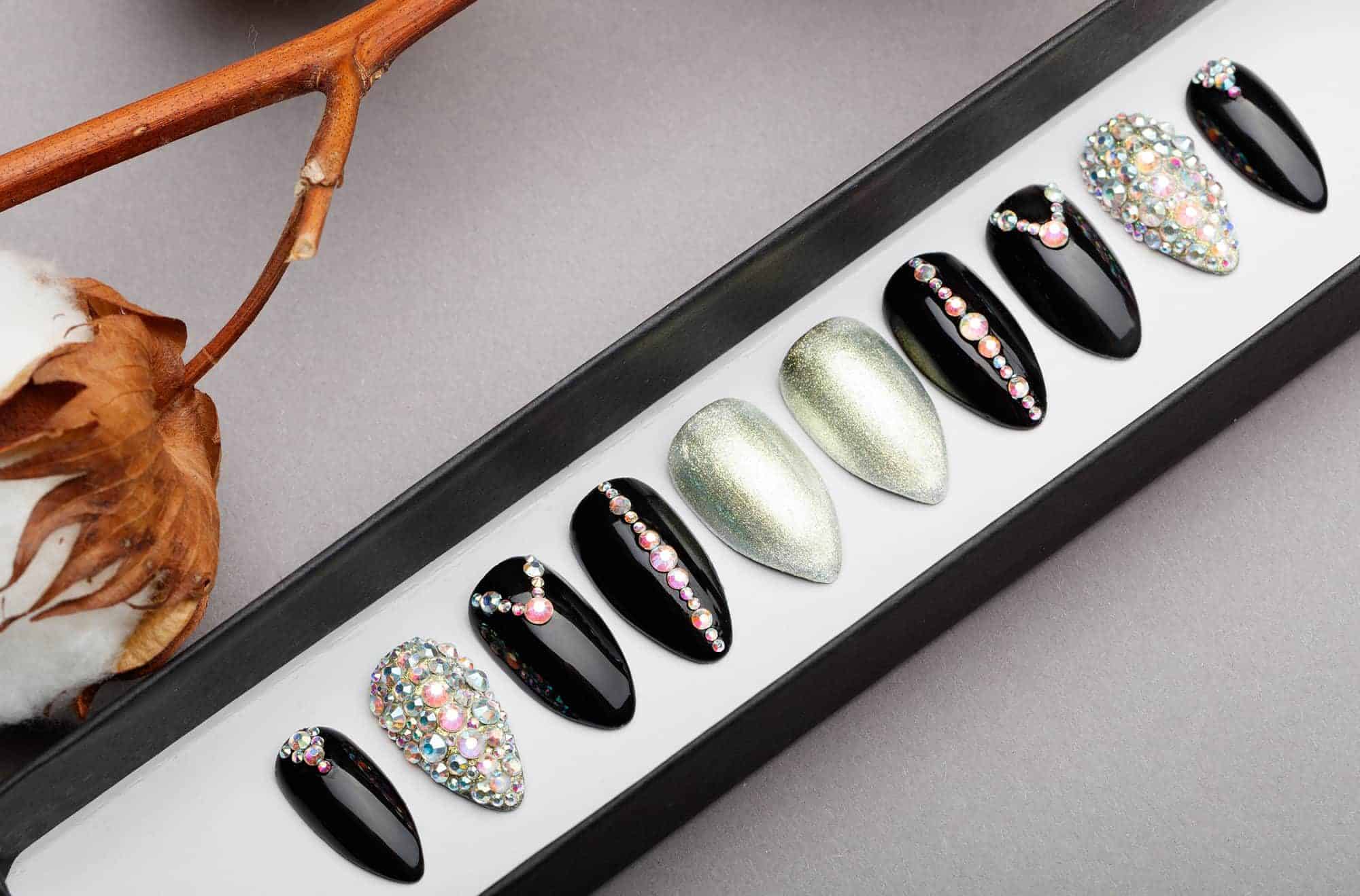Princess Press on Nails with Swarovski Crystals | White Gold | Hand painted Nail Art | Fake Nails | False Nails
