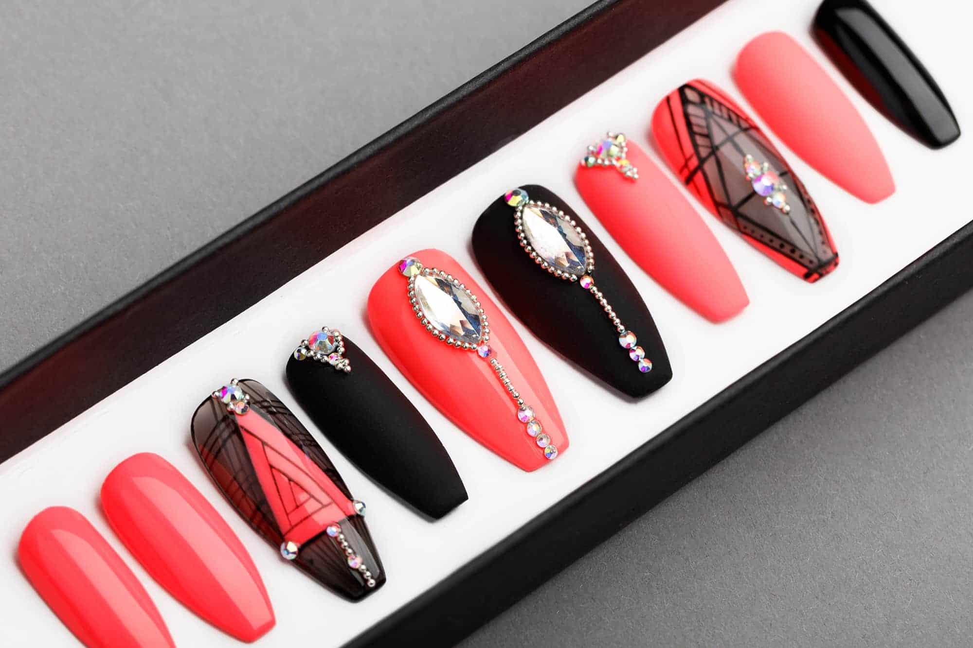 Red & Black Geometry Press on Nails with Swarovski Crystals | Hand painted Nail Art | Fake Nails | False Nails