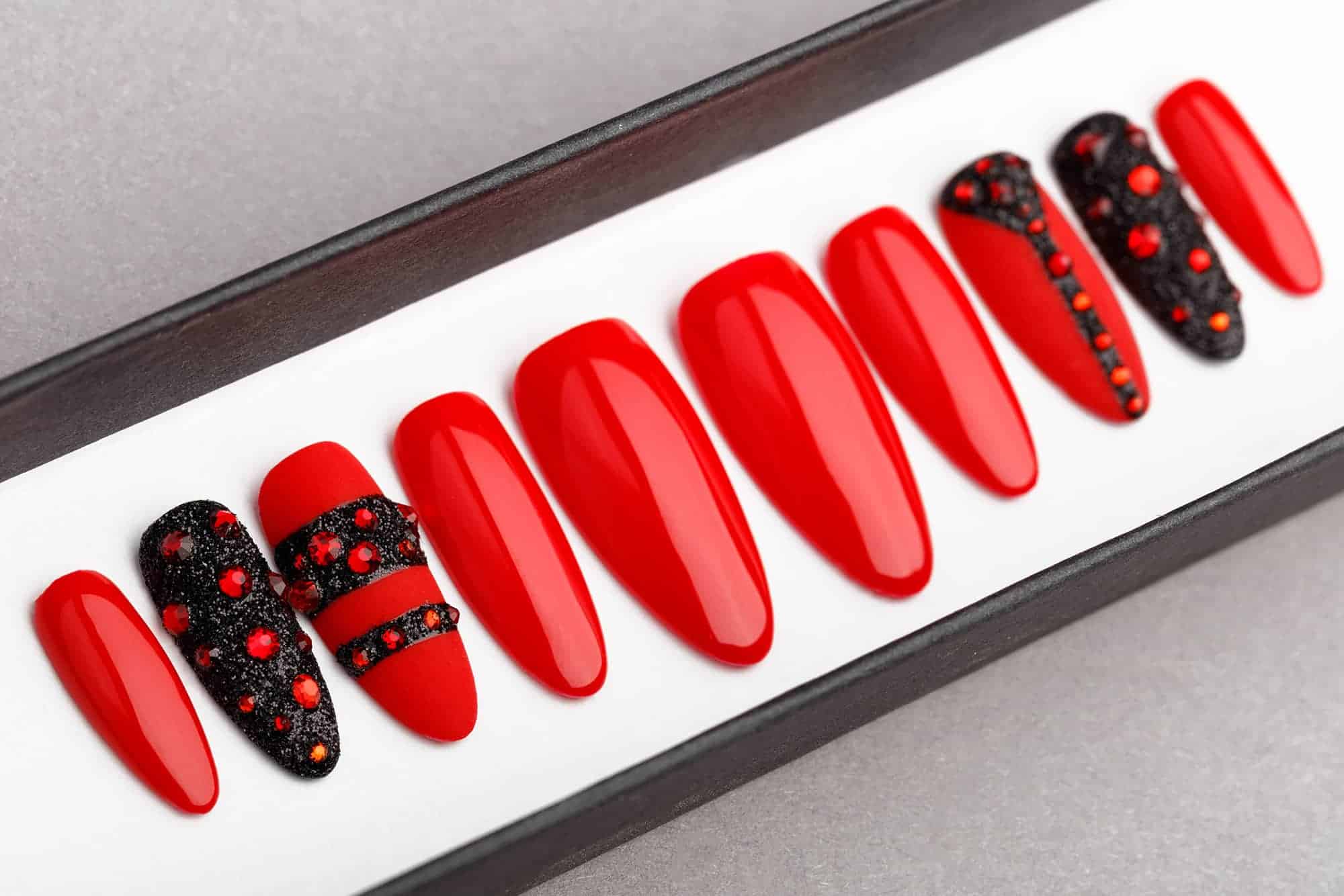 Red and Black Press on Nails with Rhinestones - Lilium Nails