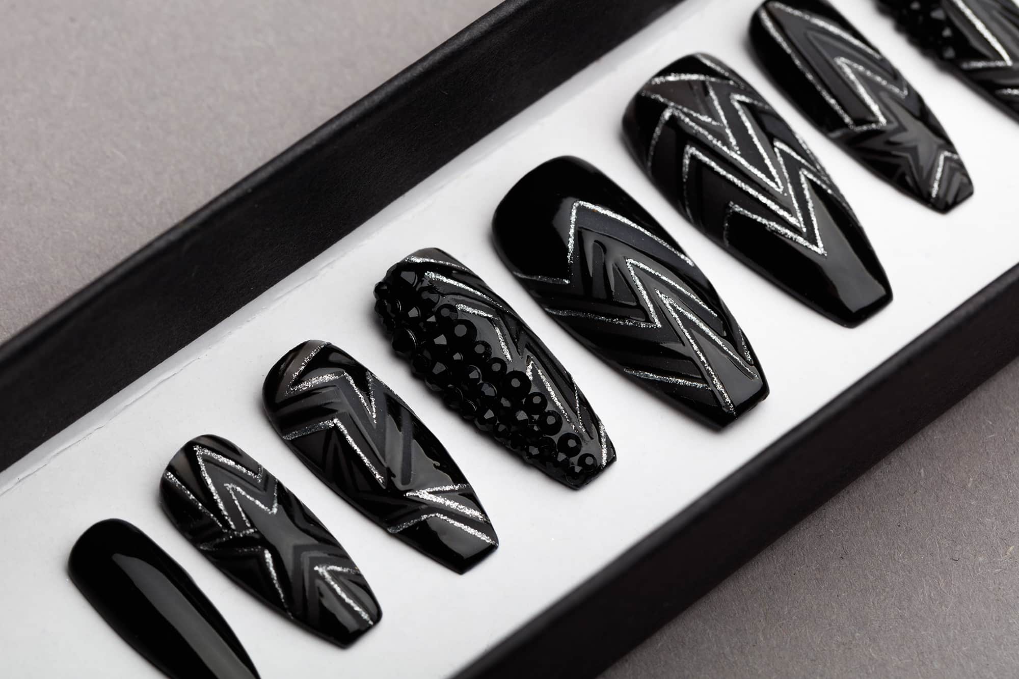 Rock & Roll Queen Press on Nails with Swarovski crystals | Black Nails | Handpainted Nail Art | Fake Nails | False Nails | Mattee Nails