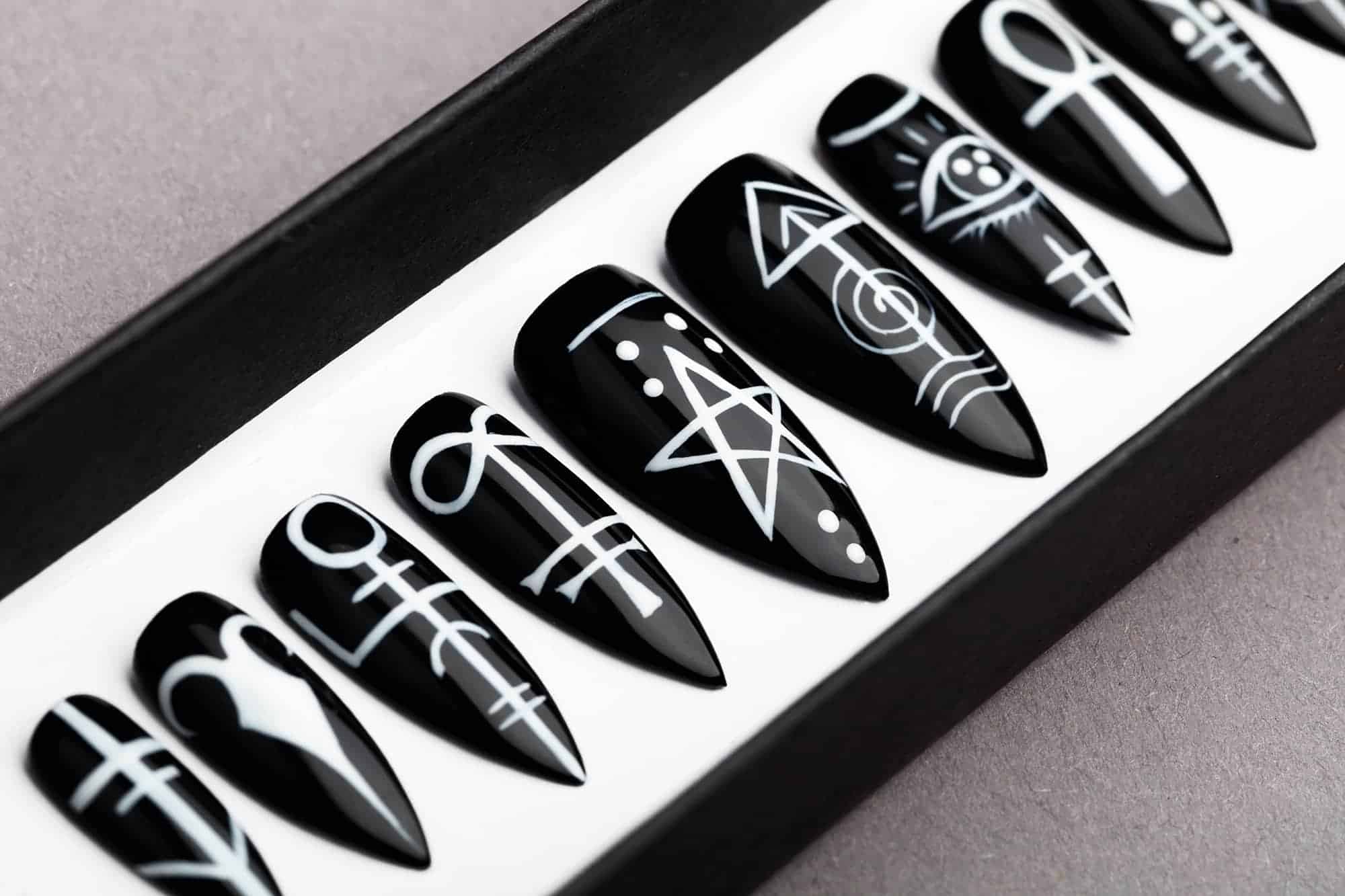 Sigil Press on Nails, Occult signs | Black Nails | Hand painted Nail Art | Fake Nails | False Nails | Black Magic