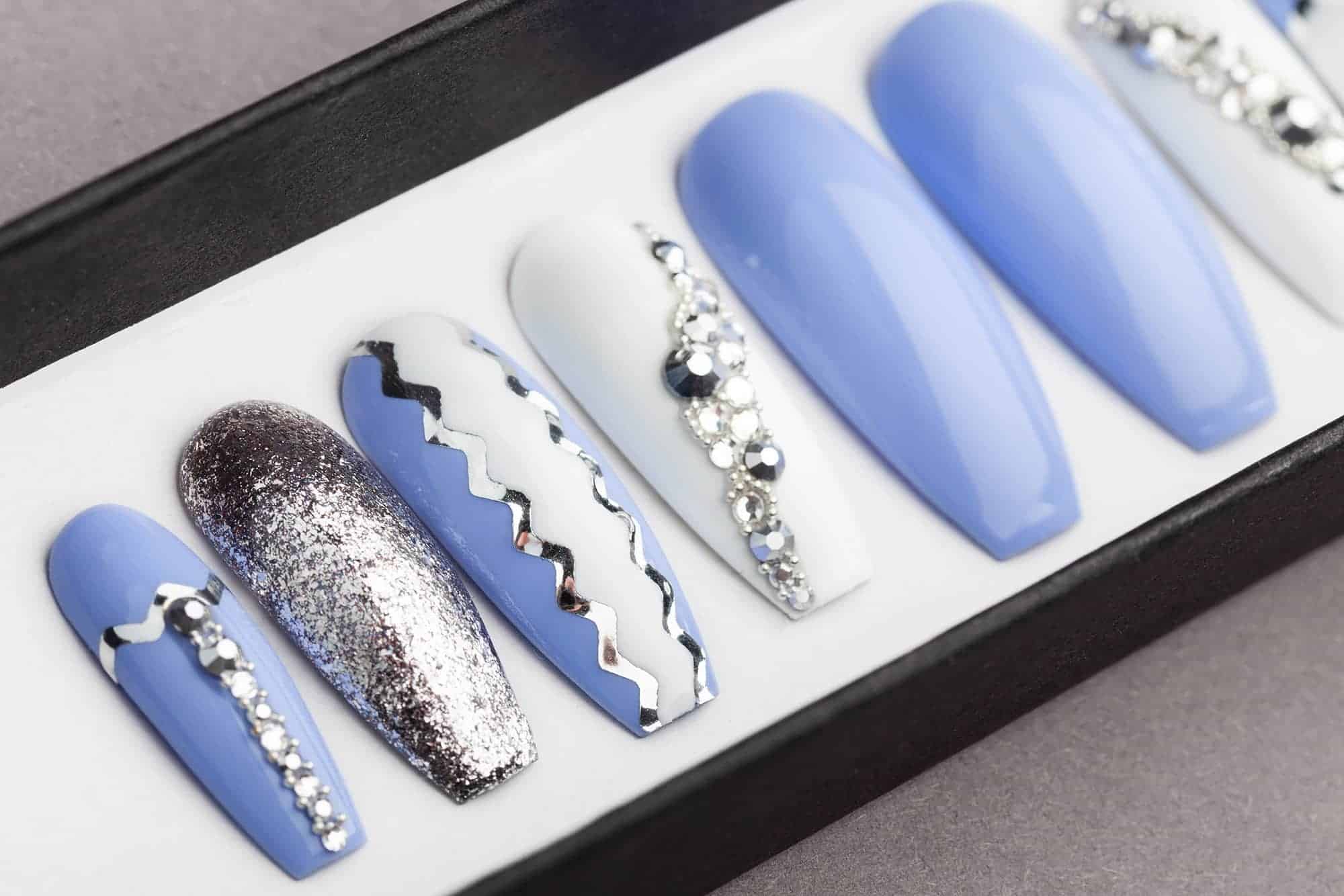Sky Blue Press on Nails with Swarovski crystals | Hand-painted Nail Art | Fake Nails | False Nails | Glue On Nails