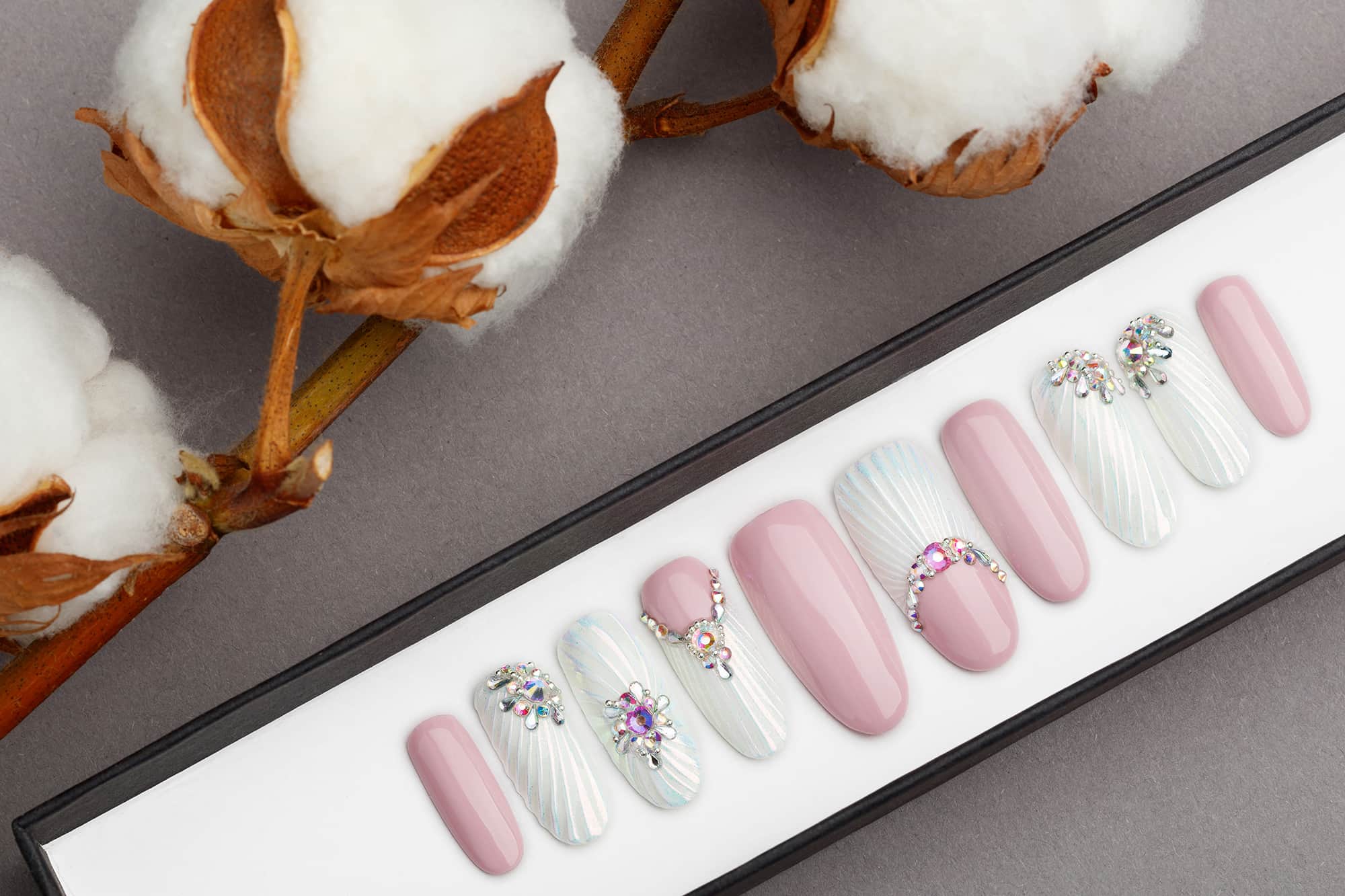 Snow Pearl Press on Nails with Swarovski Crystals | Wedding nails | Hand painted Nail Art | Fake Nails | False Nails |