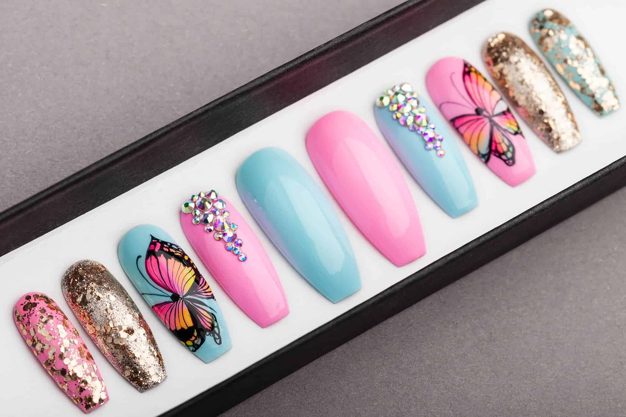 Summer Butterfly Press on Nails with Swarovski Crystals | Hand-painted | Nail Art | Fake Nails | False Nails | Glue On Nails