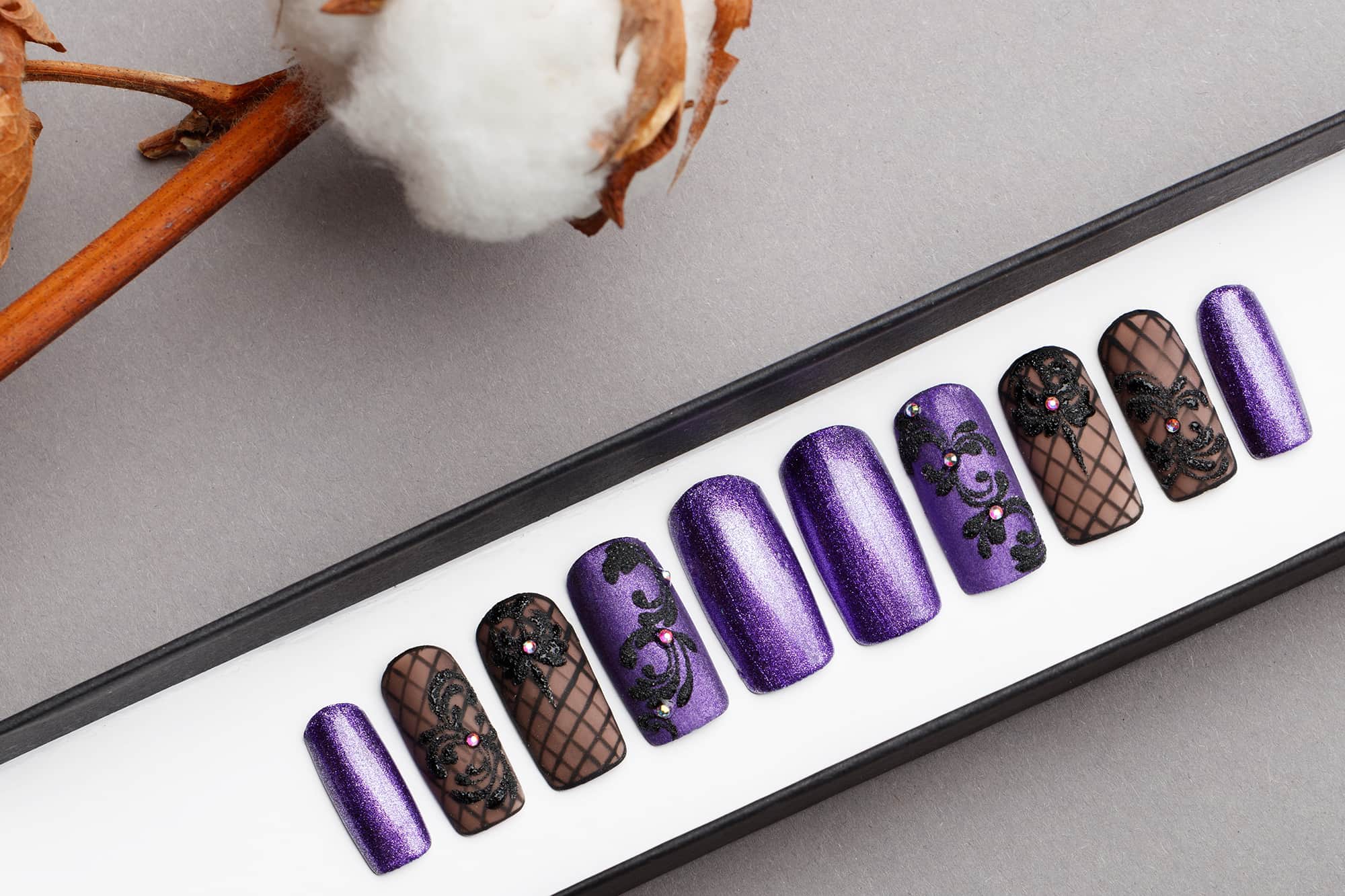Violet Glitter Press on Nails with Swarovski Crystals | Black Pattern | Hand painted Nail Art | Fake Nails | False Nails