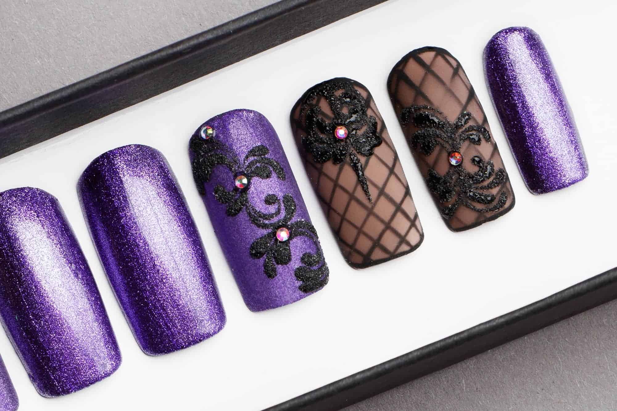 Violet Glitter Press on Nails with Swarovski Crystals | Black Pattern | Hand painted Nail Art | Fake Nails | False Nails