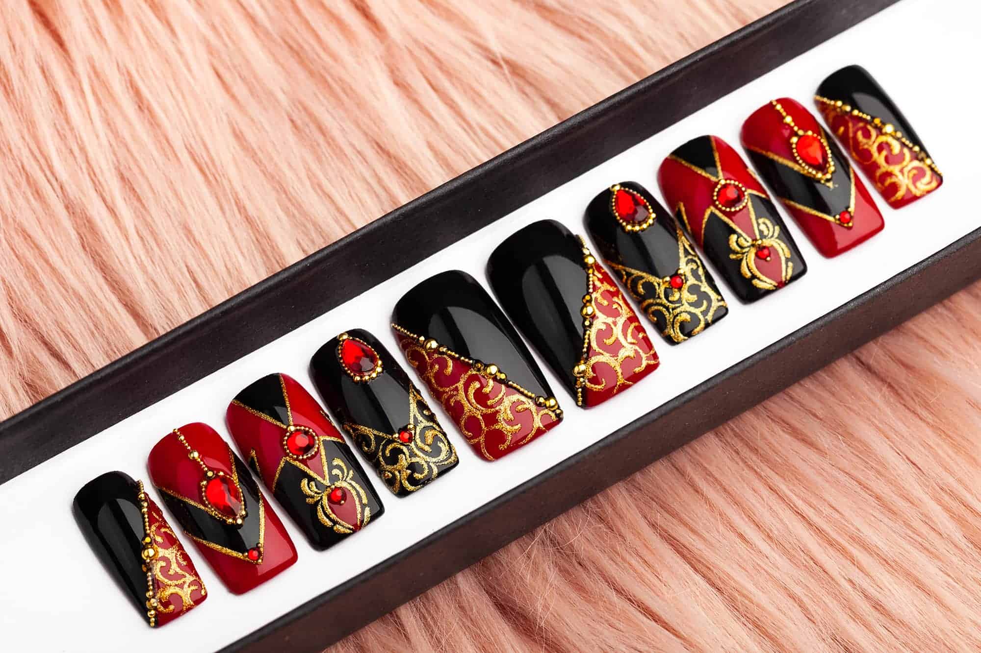 Royal Red and Black Press on Nails with Rhinestones and Laces1