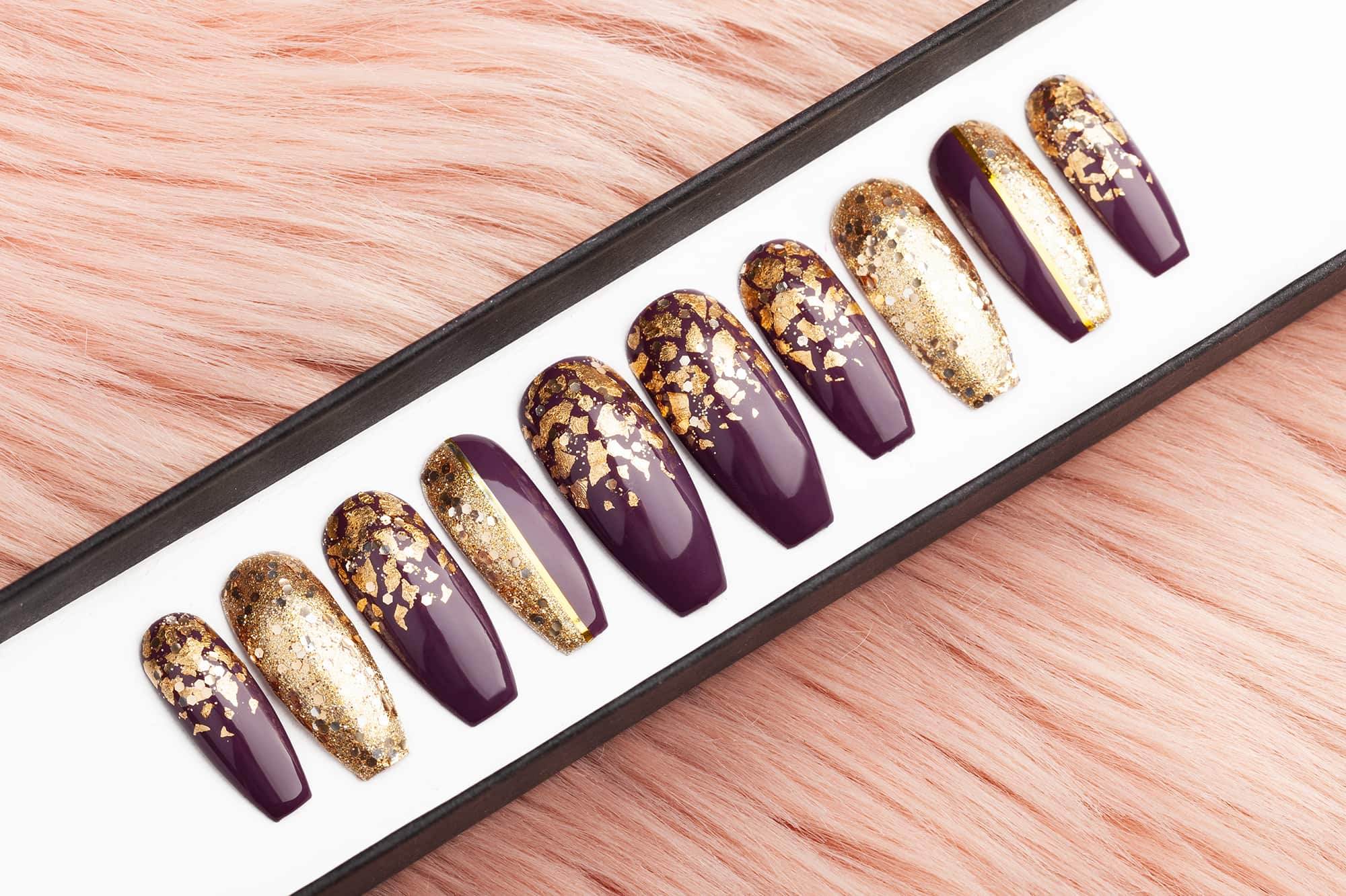 purple nails with golden flakes